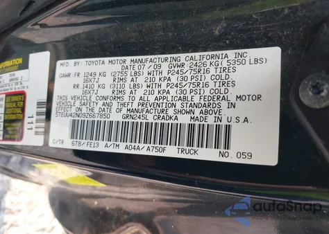 2009 Toyota Tacoma Base V6 from USA, damaged, VIN 5TEUU42N09Z667850